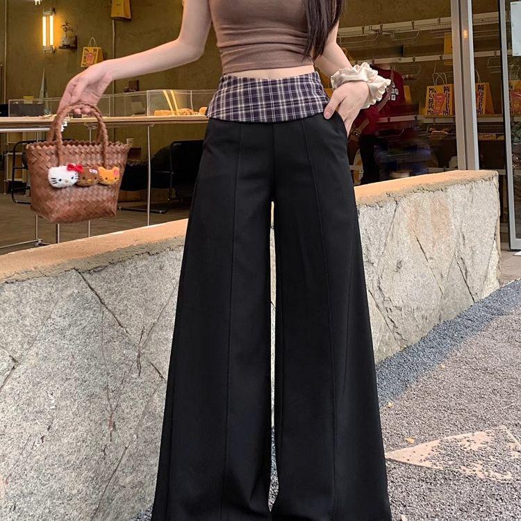 High-Waisted Wide-Leg Plaid Splicing Floor-Length Pants - Women's Summer Casual Black Vertical Striped Pants