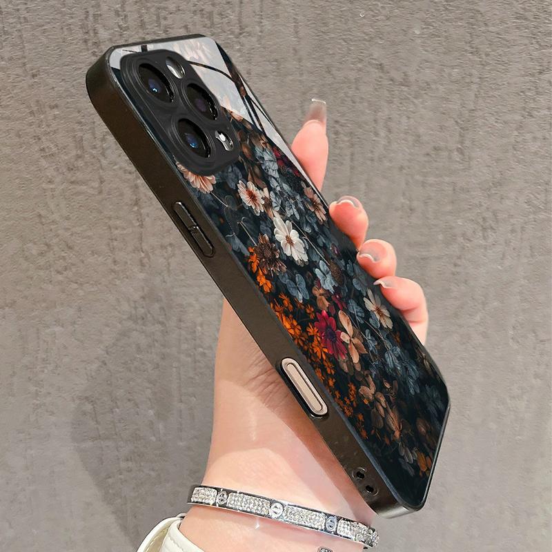 Ретро Цветочный Принт Защита от Падений Закаленное Стекло Черный Чехол для Телефона Для Samsung Galaxy S25 S24 S23 Ultra Plus FE Жесткий Чехол