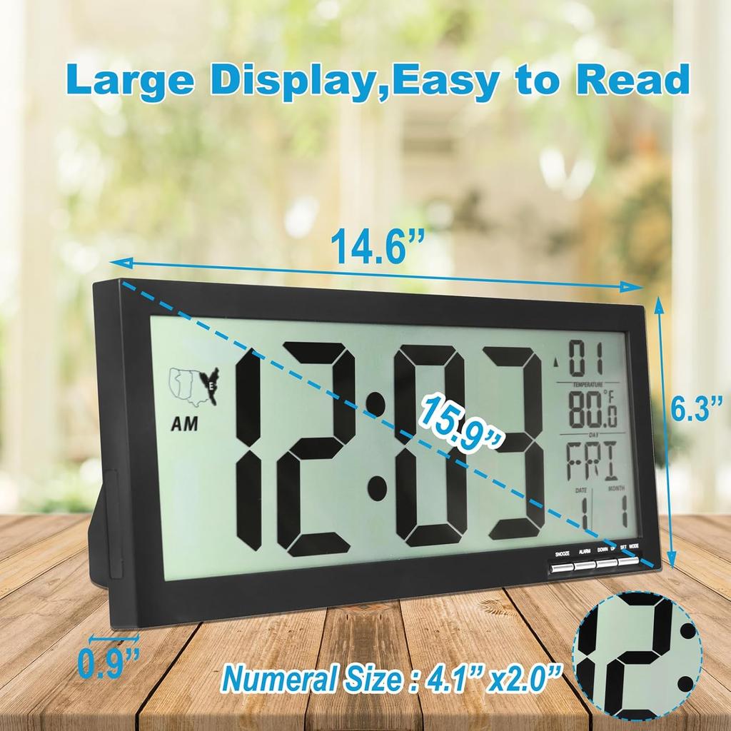 16" Atomic Clock Large Digital Wall Clock Battery Operated Large Display with Big Numbers,Temperature and Date - Easy to Read and Set,Auto DST