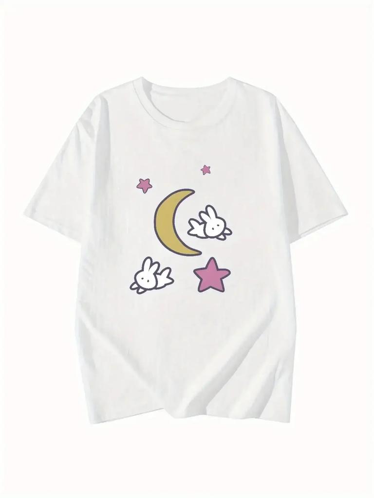 Cute Rabbits Stars and Moon Print Summer Sporty Daily Wear Tee Womens Casual Print Round Neck Short Sleeve Tops Tees Streetwear