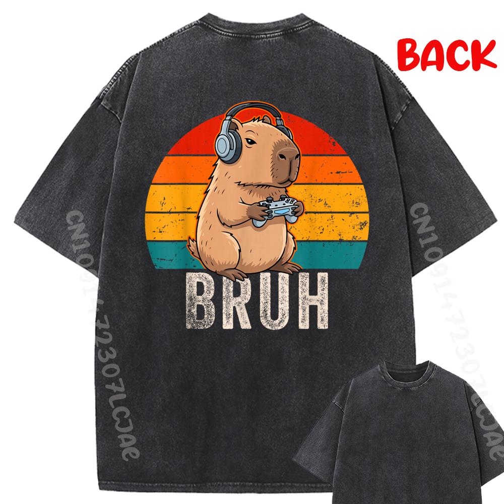Bruh Video Games Funny Capybara Gamer Men Boys Teens Gaming Washed Tshirts Fashion T Shirt Men Short Sleeve T-Shirt Graphic