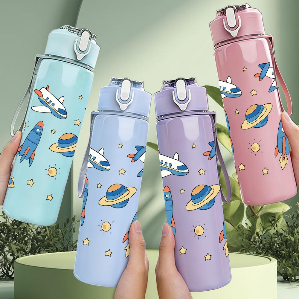 1PC Astronaut Rocket Sticker Pack 750ml Color Plastic Sports Water Bottle Leakproof Flip Straw Lid Suitable for Sports Office Home Use