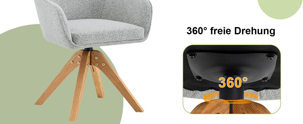 Set of 2 360° Swivel Dining Chairs, Solid Wood Legs, Grey Fabric, Foam Seat, Ergonomic Backrest