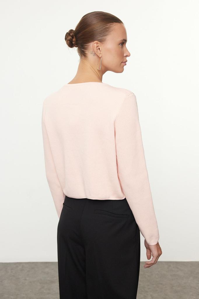 Women's Fashion Stylish Cardigan Powder Crop Ribbon Bow Detailed Knitwear Cardigan