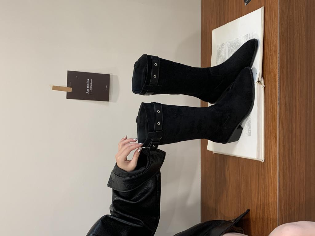 Vintage 2025 Autumn and Winter New Thick Heel Buckle with Western Cowboy British Style Knight Boots Casual Mid Boots