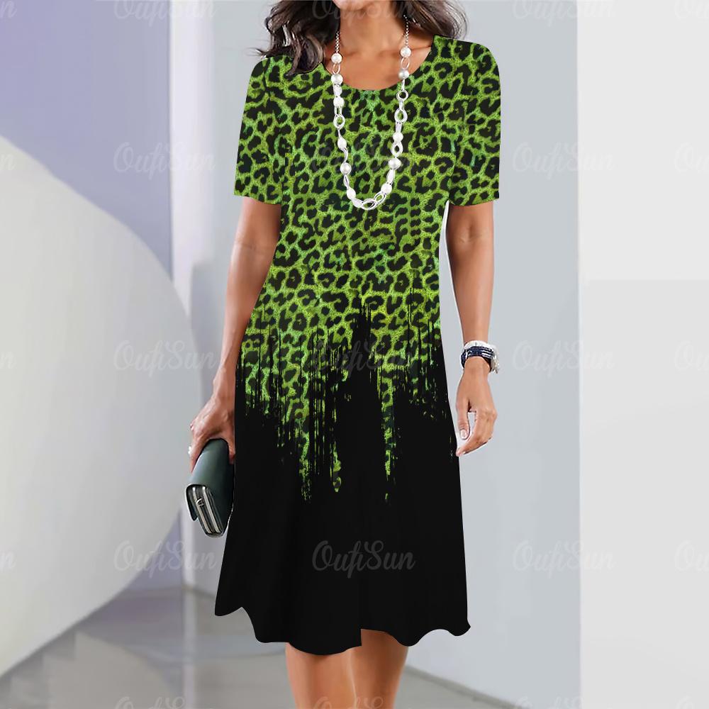 Женская мини-юбка с леопардовым принтом, модные летние платья до колена, уличные элегантные игривые платья 2023 года с круглым вырезом, женские топы, пуловеры