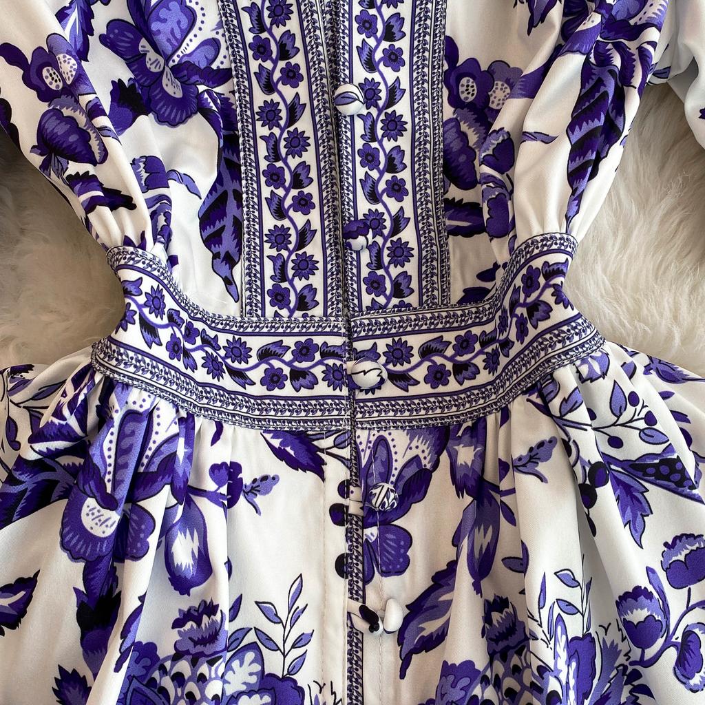 Летнее женское дизайнерское винтажное платье с принтом, элегантное однобортное вечернее платье с v-образным вырезом