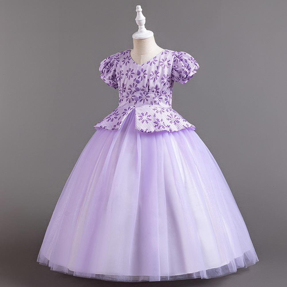 Children's Princess Dresses Thousand Birdie Patchwork Mesh Puffy Long Bubble Sleeve Girls' Stage Performance Dresses Girl's Favourite Dress