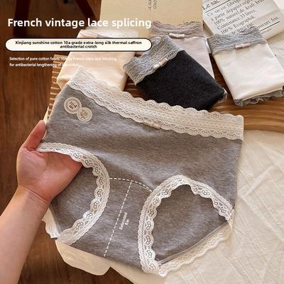 Женские осенне-зимние новые хлопковые трусы-слипы с кружевной отделкой и антибактериальной ластовицей 10A