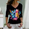 Watercolor Butterfly Print Women Tshirts Ladies Tops Long Sleeve V-neck Pullover Femme T-shirts T Shirt For Women