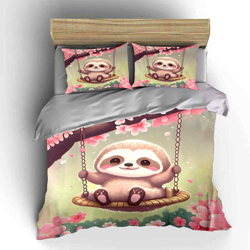 Cute Sloth Swinging Decor Set Bedding Set with 1 Duvet Cover 2 Pillowcases Single Double King Queen, Gift
