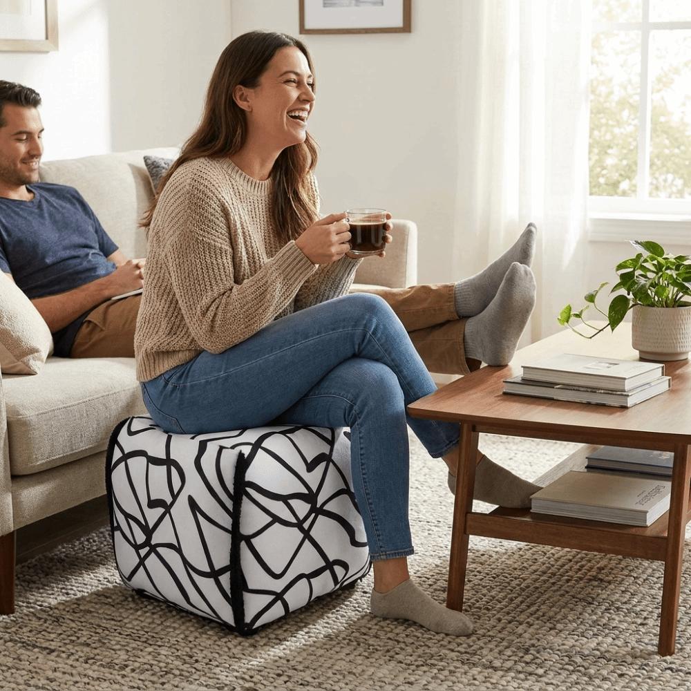 Square Shape Ottoman Stool Linen Fabric Seat Pouf Ins Style Shoe Changing Stool  Daily Application