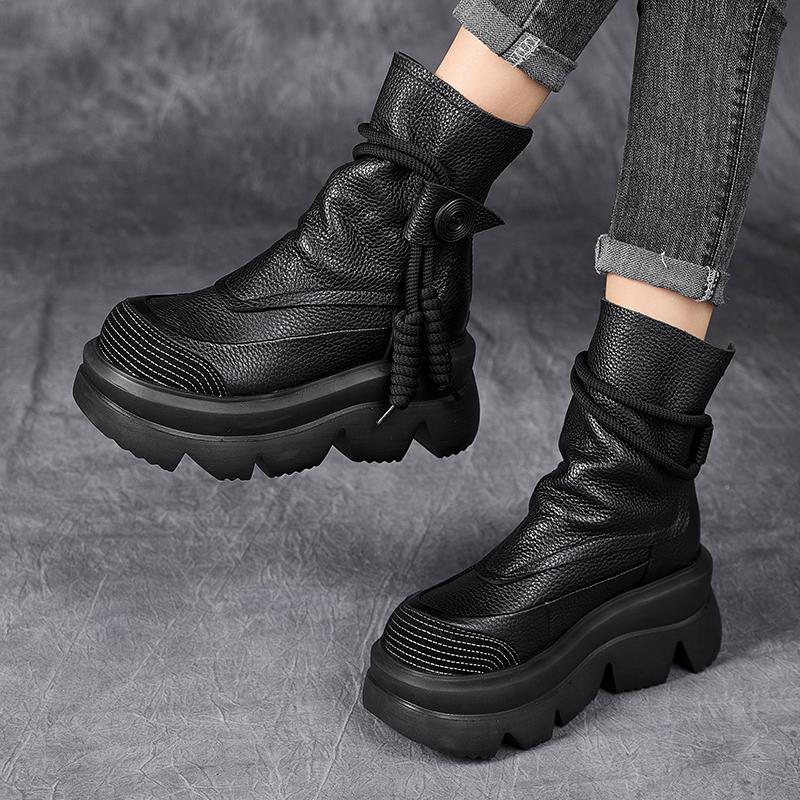 Модные полусапоги GKTINOO ручной работы на платформе, женские короткие ботинки из натуральной кожи с круглым носком, увеличивающие рост, на толстой подошве, женская обувь