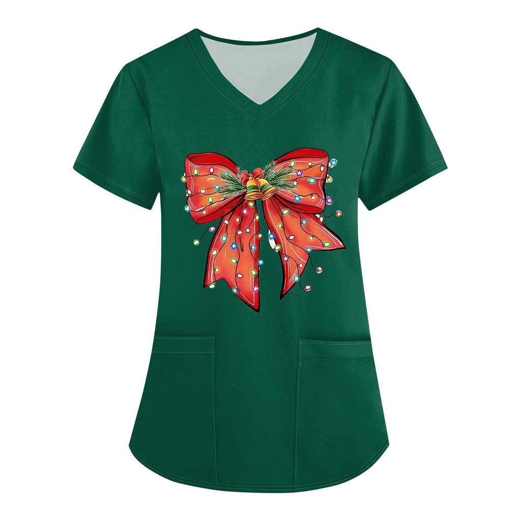 Women's Christmas Printed Uniform Work Uniform V-Neck Pocket Protective Work Uniform