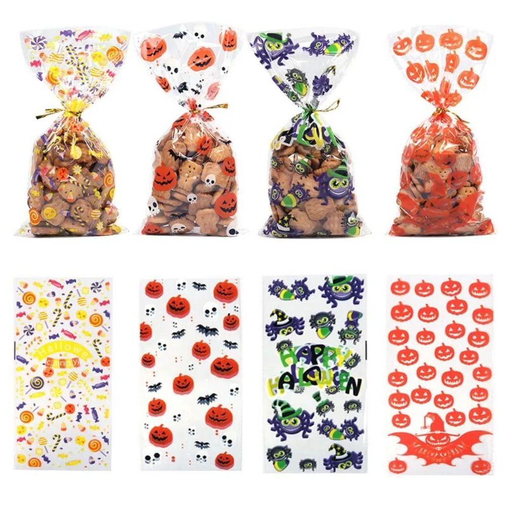 50pcs/pack With Ties Halloween Candy Bags Treat Bags Color Printing Dessert Packaging Bag Bat Pattern Gift Bags Baking Decor