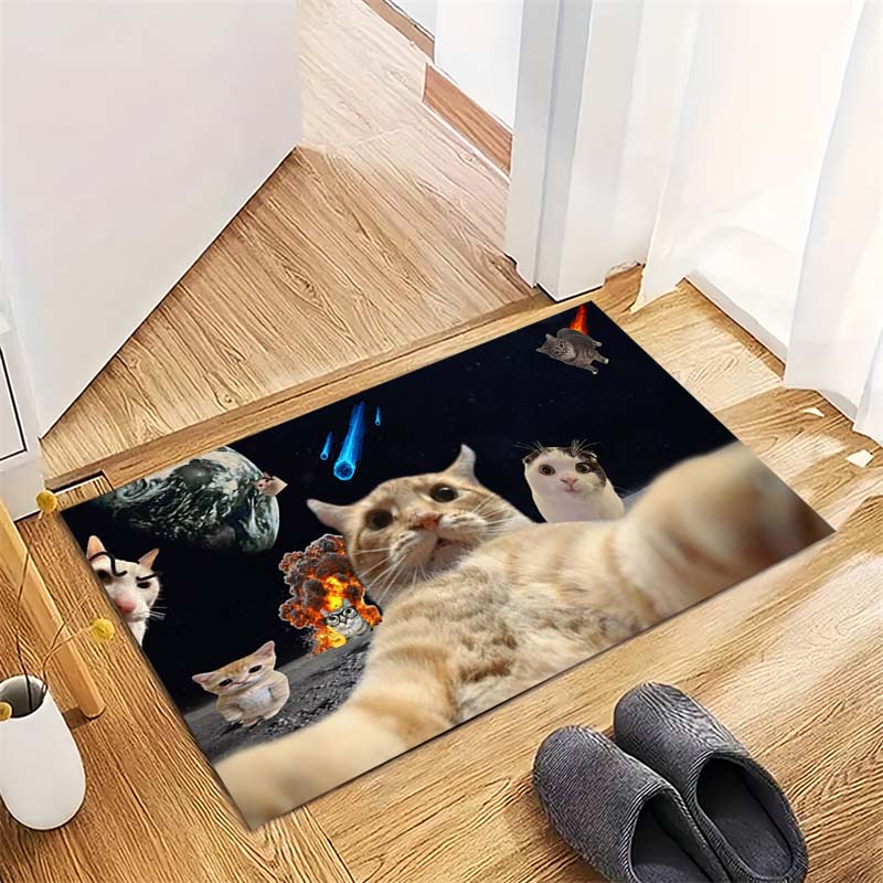 Забавная Космическая Кошка Селфи Коврик для Двери, Милый Котенок в Галактике Нескользящий Напольный Коврик для Любителя Кошек Домашний Декор