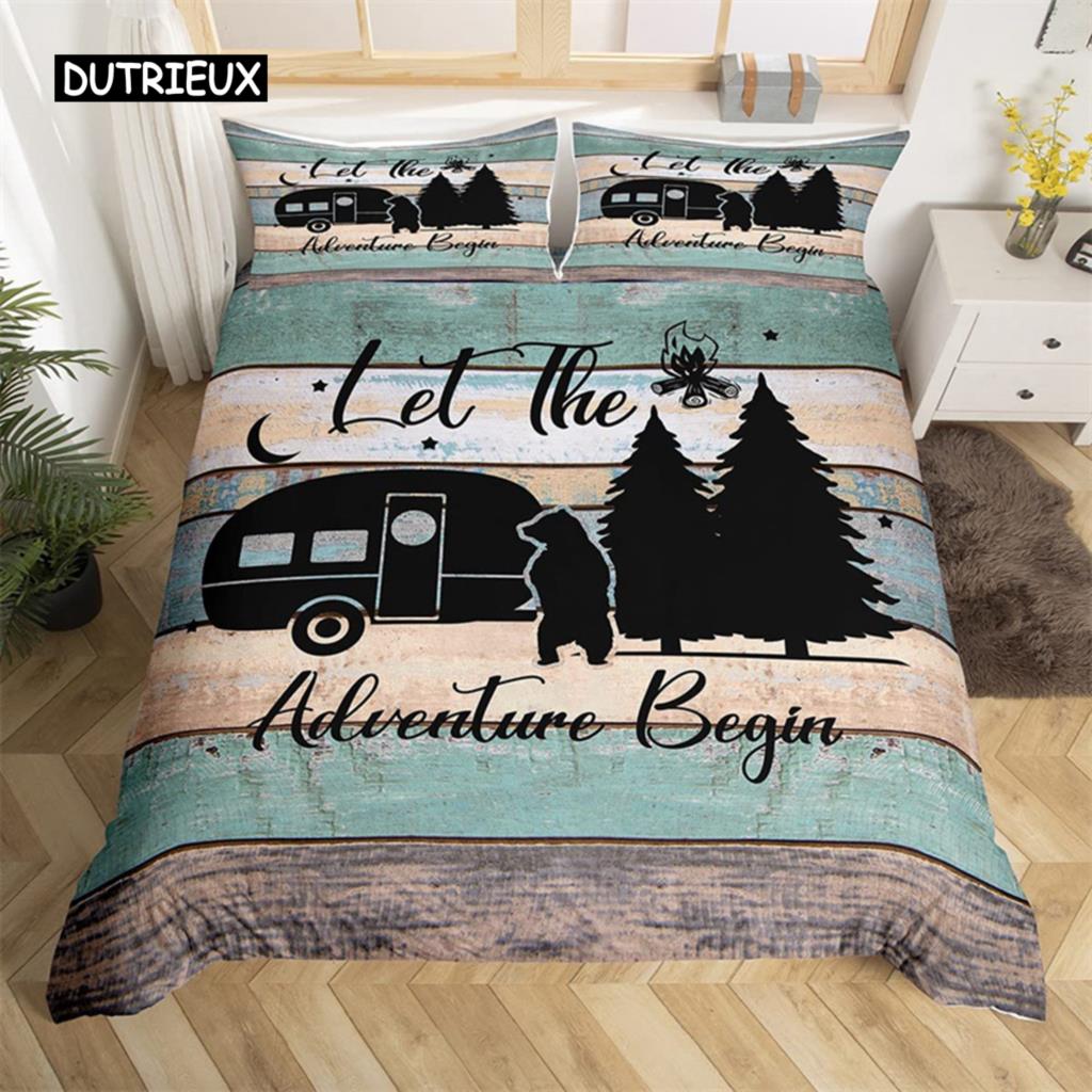 Пододеяльник в деревенском стиле с рисунком в виде эскиза, наволочка из полиэстера с рисунком Happy Camper, наволочка для пододеяльника в стиле старого амбара