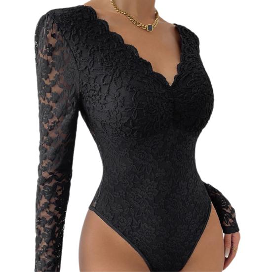 Women Bodysuit Flower Embroidery Lace Elastic Deep V Neck See-through Long Sleeve Solid Color Slim Fit Soft Breathable Spring Playsuit