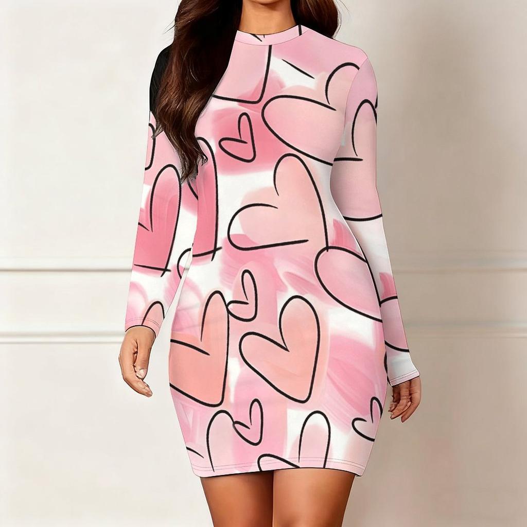 2025 Осень и Зима Новое 3D Принт с Любовным Узором и Окрашивание Женская Мода Платье с Длинным Рукавом и Круглым Вырезом, Облегающее Бедра Ограниченная Серия ко Дню Святого Валентина