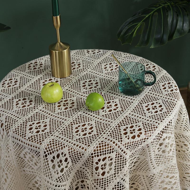 Round Hollow Tassel Knitting Tablecloth Decorative Crochet Tablecloth Outdoor Picnic Dining Table Cover Home Decor Beige