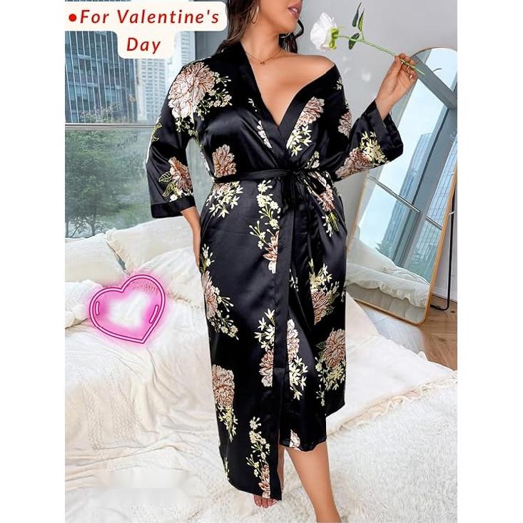 Женский халат на День святого Валентина больших размеров, сексуальный атласный халат, длинная одежда для сна