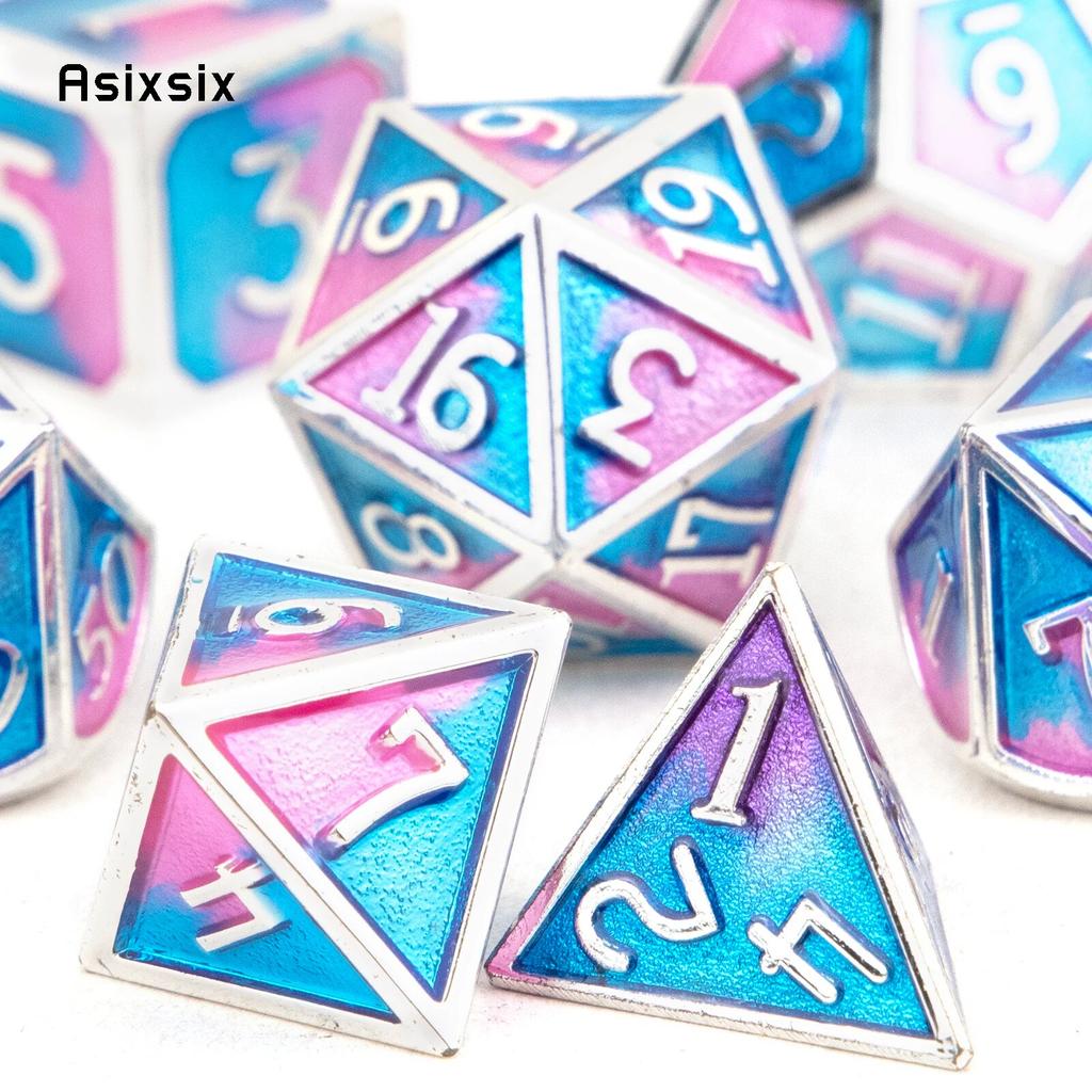 7 шт., синие, розовые, стандартные металлические кубики, набор твердых металлических многогранных кубиков, подходящий для ролевой ролевой игры, настольной игры, карточной игры