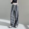 Летние новые клетчатые брюки женские кружевные широкие брюки на шнурке драпированные свободные ветрозащитные прямые брюки