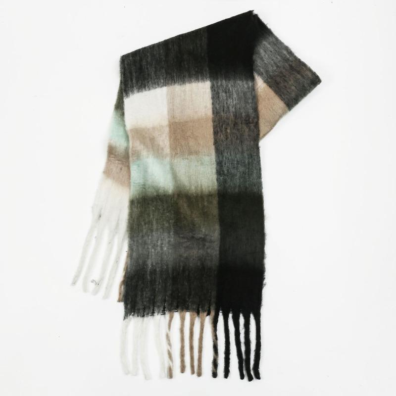 High-end Color Matching Mohair Scarf Women's Autumn and Winter Warmth Thickened Versatile Plaid Tassel