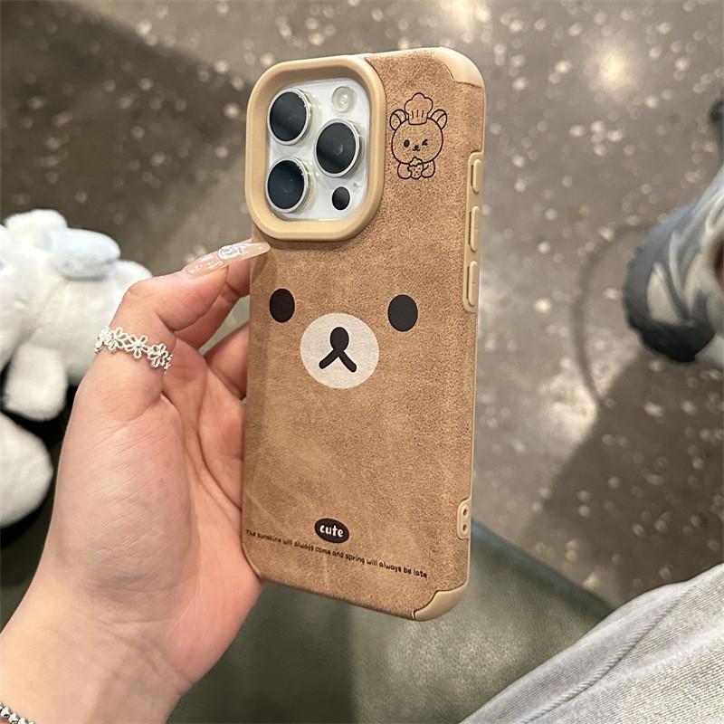 Милый Кавайный Медведь Силиконовый Чехол для Телефона IPhone 16 Pro Max 15 14 Plus 13 12 Полное Покрытие Защита от Падений Коричневая Текстура Кожи