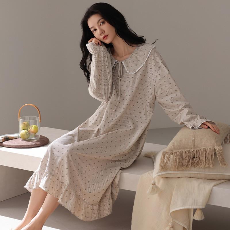 Womens Cotton Long Sleeve Nightgown Soft Loungewear Dress