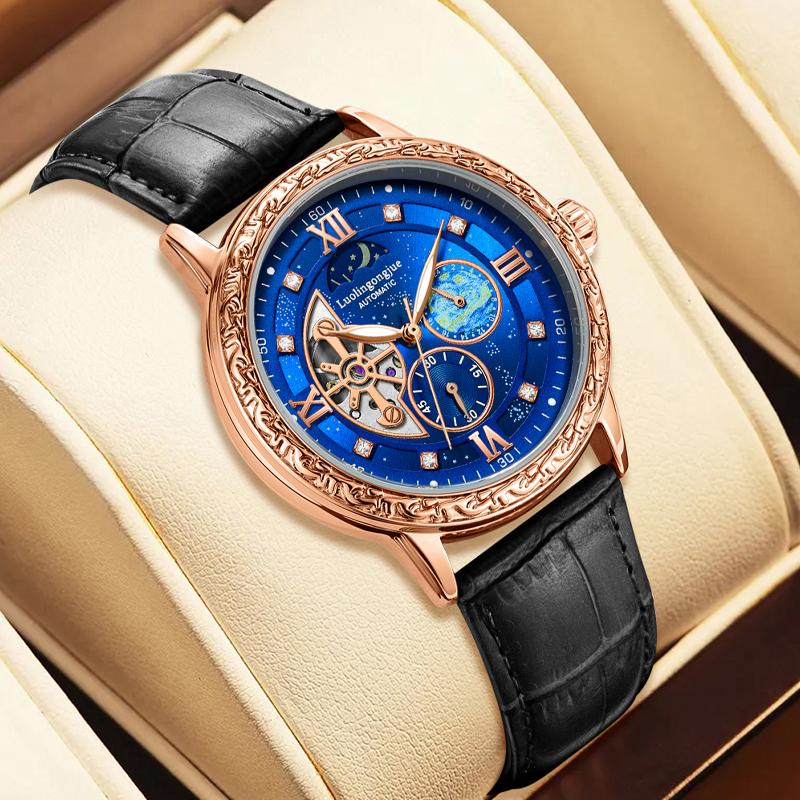 Роскошные мужские деловые автоматические механические часы, с дизайном скелетона, ретро-стильным резным циферблатом, в подарок наручные часы