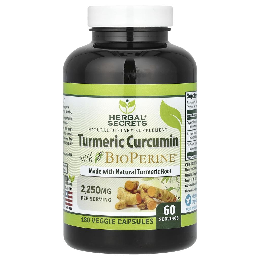 Herbal Secrets Turmeric Curcumin, Contains Bioperine, 1,500 Mg, 180 Veggie Capsules (750 Mg Per Capsule)