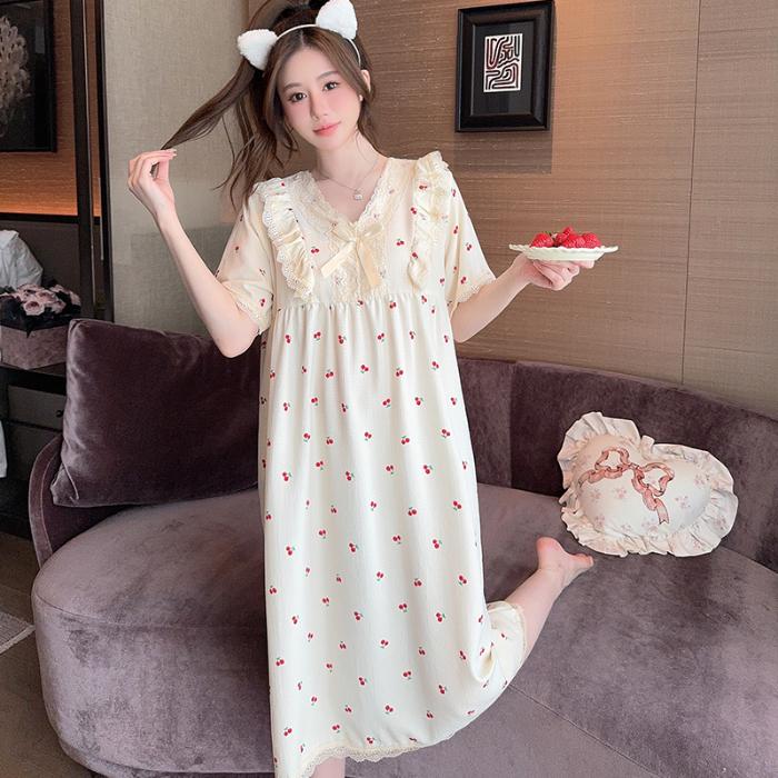Ночная сорочка с принтом вишни, пижама женская, корейский стиль, рюши, ночное платье, пижама, летняя, с коротким рукавом, домашняя одежда, новинка