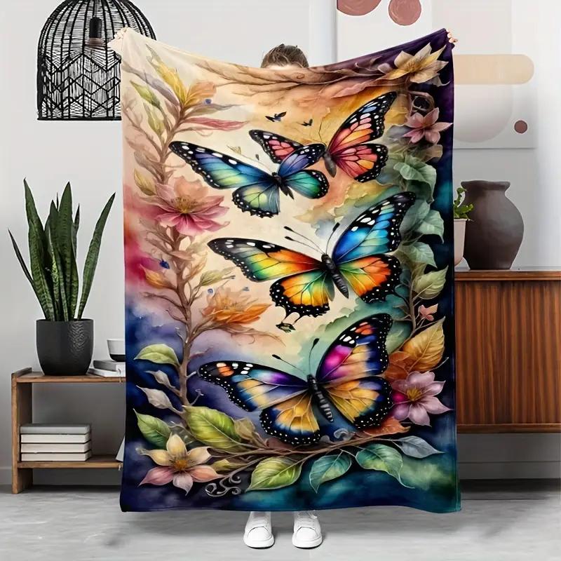 Retro butterfly pattern flannel blanket, lightweight and soft gift, nap blanket, suitable for bed, sofa, camping, travel