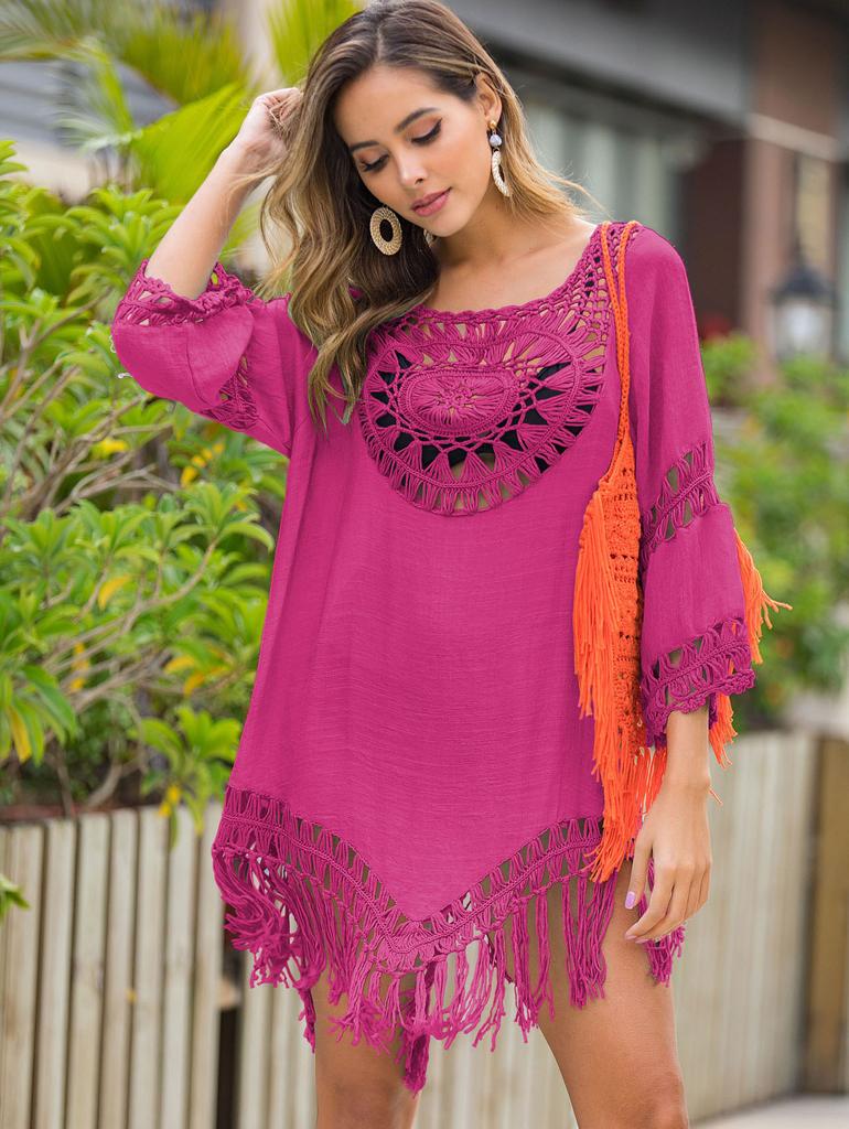 Dress Women's Solid Color Hand Hook Panel Tassels Relaxed Holiday Style Summer Beach Sunscreen Cover Shirt Women