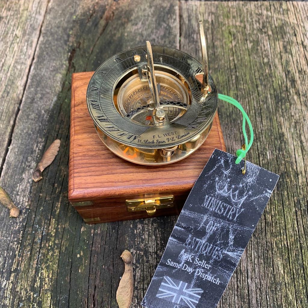 Sundial Compass Solid Brass Vintage Nautical Retro Steampunk Polished Hardwood Box Marine Compass Vintage Nautical Compass and Hardwood Box