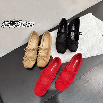 Увеличение роста 5 см туфли-лодочки с квадратным носком и бантом женские 2025 новые вечерние замшевые туфли Мэри Джейн