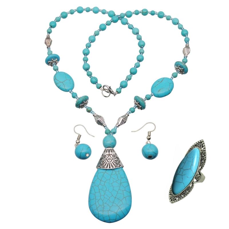 Наборы украшений с бирюзой Бирюзовые ожерелья Бирюзовое ожерелье с подвеской Серьги Кольцо Набор Винтажный стиль Бирюзовый материал