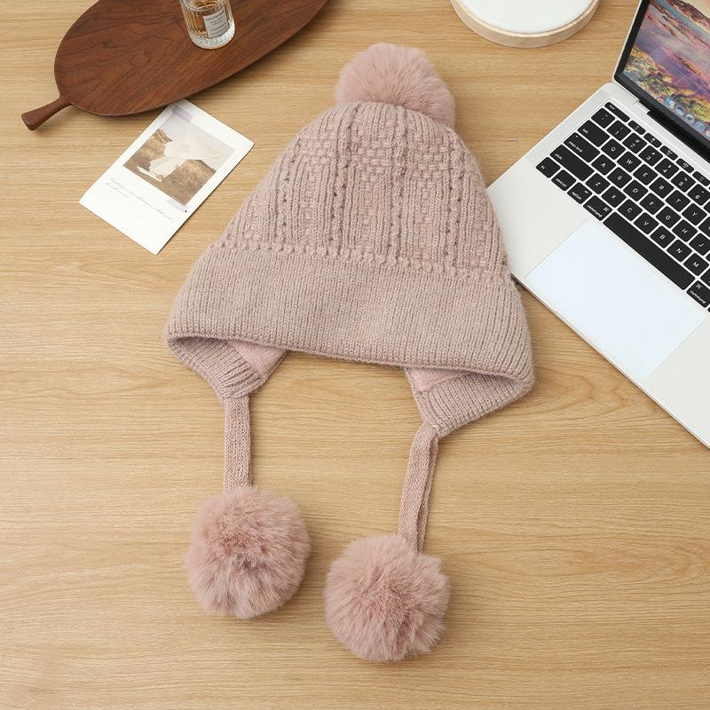 Premium Hairball Knitted Hat Winter Hat Women's Plush Versatile Wool Hat Rabbit Hair Ear Protector Warm Hat