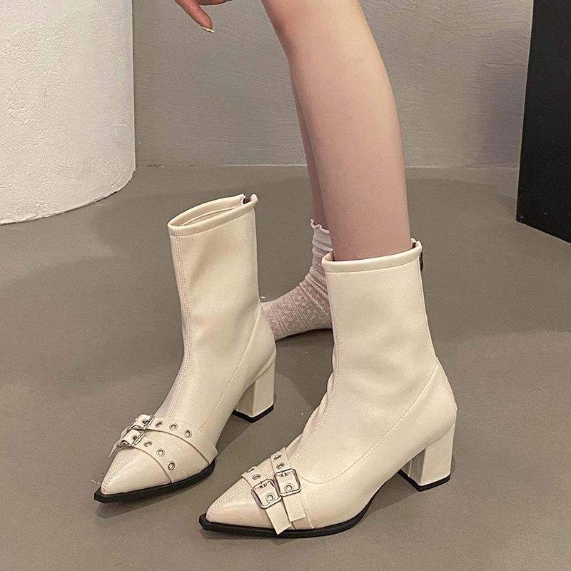 Женские короткие ботинки на остром толстом каблуке, новые осенне-зимние эластичные тонкие ботинки в стиле ретро на высоком каблуке и ботильоны, модные ботинки Мартин