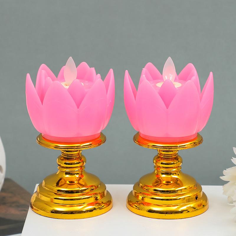 2-Pack Temple Flameless LED Lotus Candle with Base Safe and Smokeless Electronic Candle for Party Buddha-karya Festival
