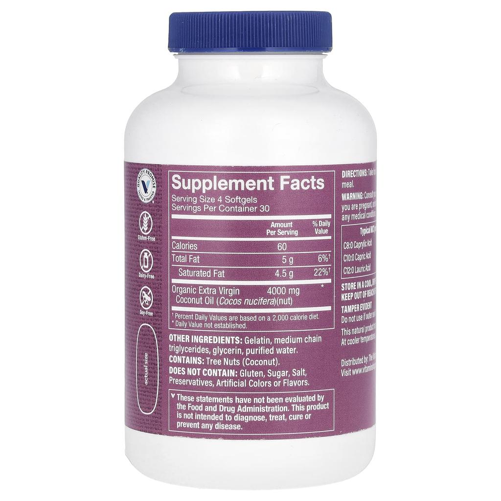 the Vitamin Shoppe Кокосовое масло первого отжима, 4000 мг, 120 мягких капсул (1000 мг на мягкую капсулу)