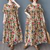 2025 Лето Женское Платье Большого Размера Винтажное Платье с Коротким Рукавом Повседневное Цветочное Базовое Новая Печать Свободное Длинное Платье