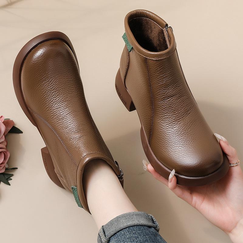 Top Layer Cowhide New Middle Heel Thick Sole Short Ankle Boots,Thick Heel Genuine Leather Boots Winter Mother Shoes Gift