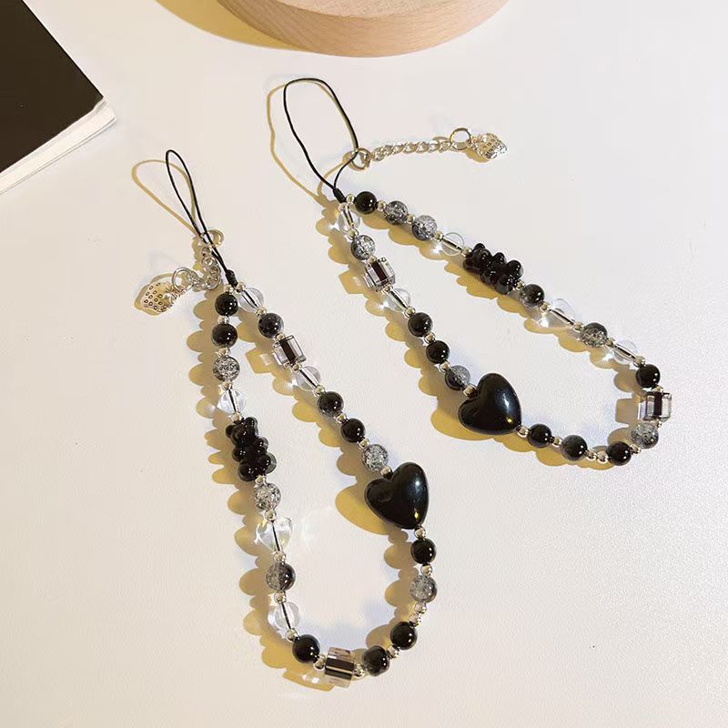 Ins Summer Small Fresh Cool Black Bear Strawberry love Chain Mobile Phone Shell Chain Female Portable Wrist Strap Rope.