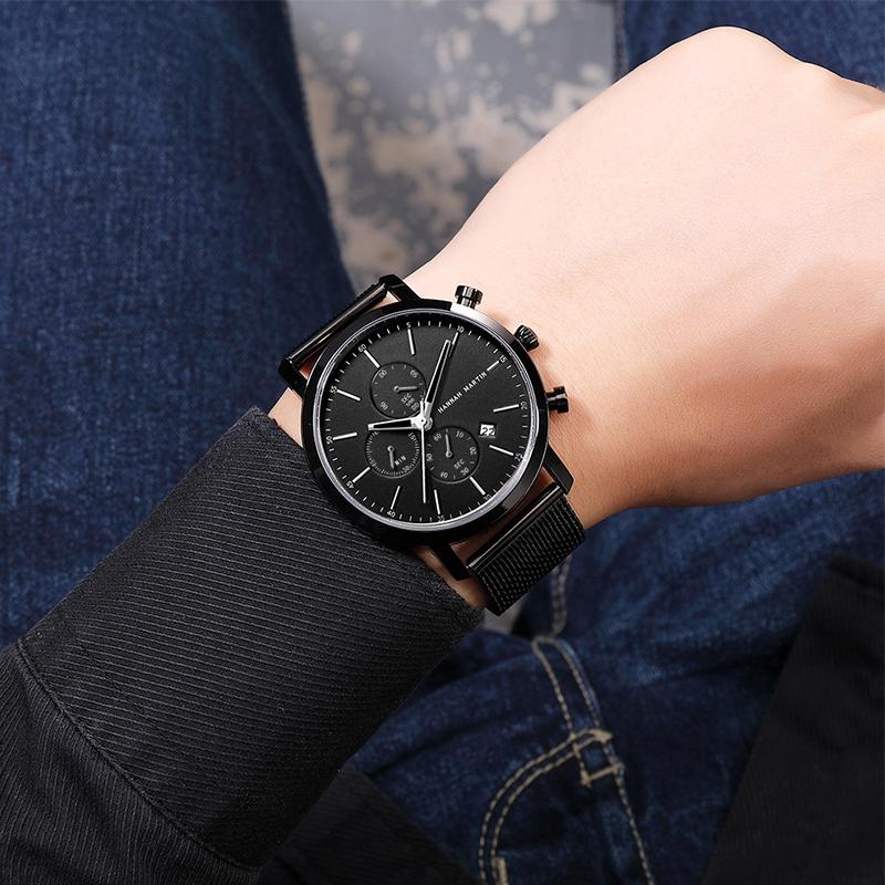 Hannah Martin Men Quartz Watches Top Brand Fashion Multifunction Small Dial Mesh Business Waterproof Wrist Watches