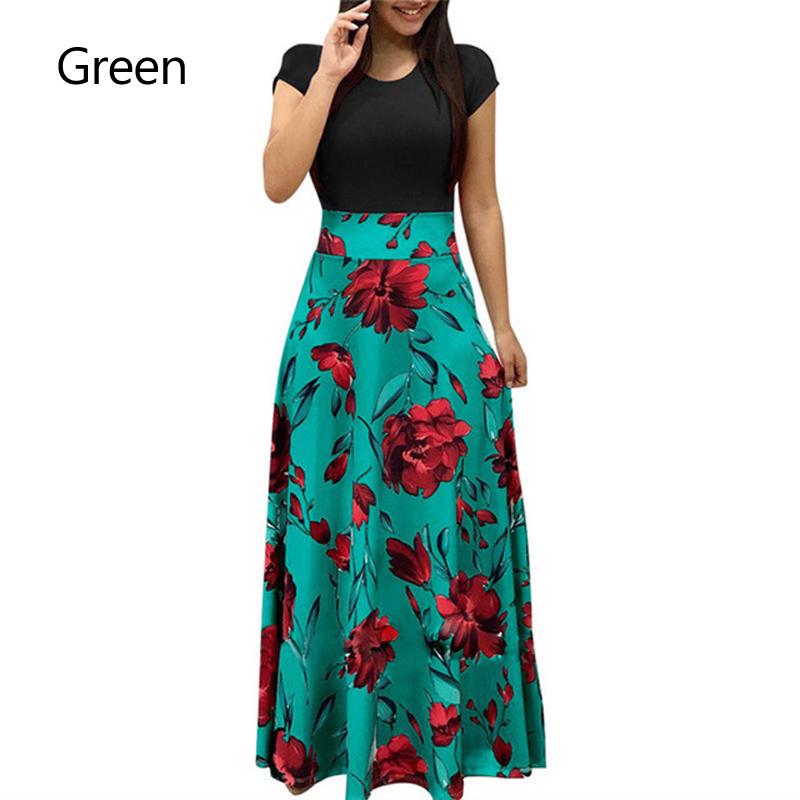 Women Short Sleeve Vintage Floral Dress Skirt Party Long Beach Clothes Maxi Crew Neck S-3XL