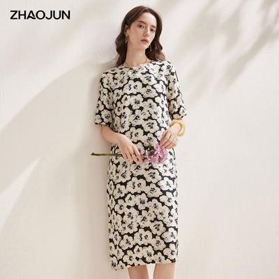 Zhaojun 2026 Весна/Лето Платье с 3/4 рукавом, принтованное, из натурального шелка-тусса, с поясом