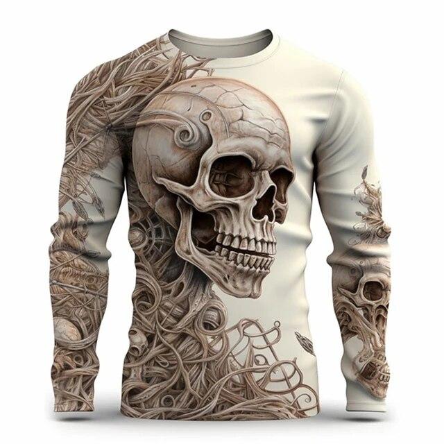 Мужской уличный винтажный оверсайз-топ с круглым вырезом и длинными рукавами, одежда с трендовым принтом, 3D узором черепа, модный длинный рукав, размер S-6XL