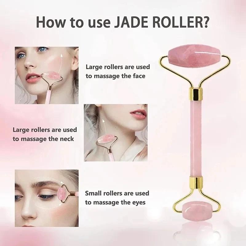 Natural Jade Stone Rose Quartz Jade Roller Gua Sha Facial Massager Set Gouache Scraper Body Wrinkle Remover Beauty Tools